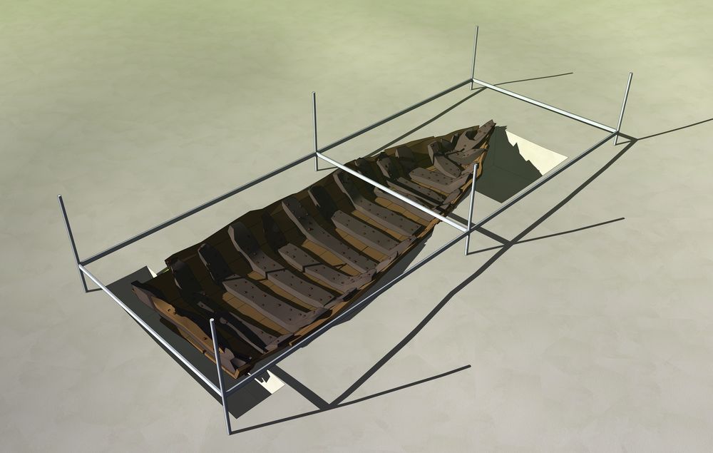 Représentation des relevés archéologiques de l'épave EP1 du Priouté. Longue de 6,52 m et large de 2,36 m, elle reposait à l’endroit au fond de la Charente. Infographie P. Moyat.