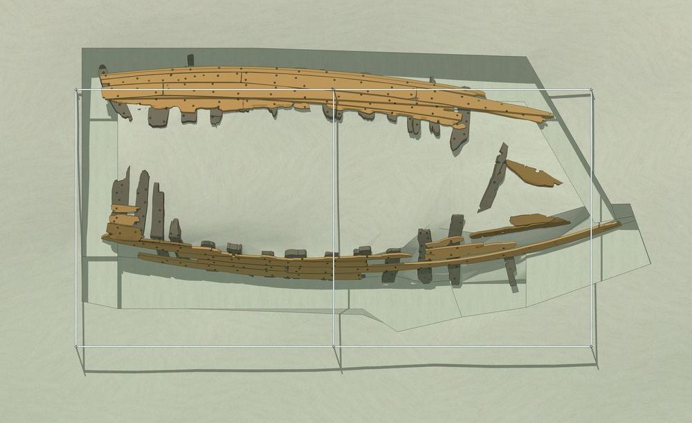 Représentation des relevés archéologiques de l'épave EP2 du Priouté. Longue de 9,1 m et large de 3,2 m, sa coque reposait retournée au fond de la Charente. Infographie P. Moyat.
