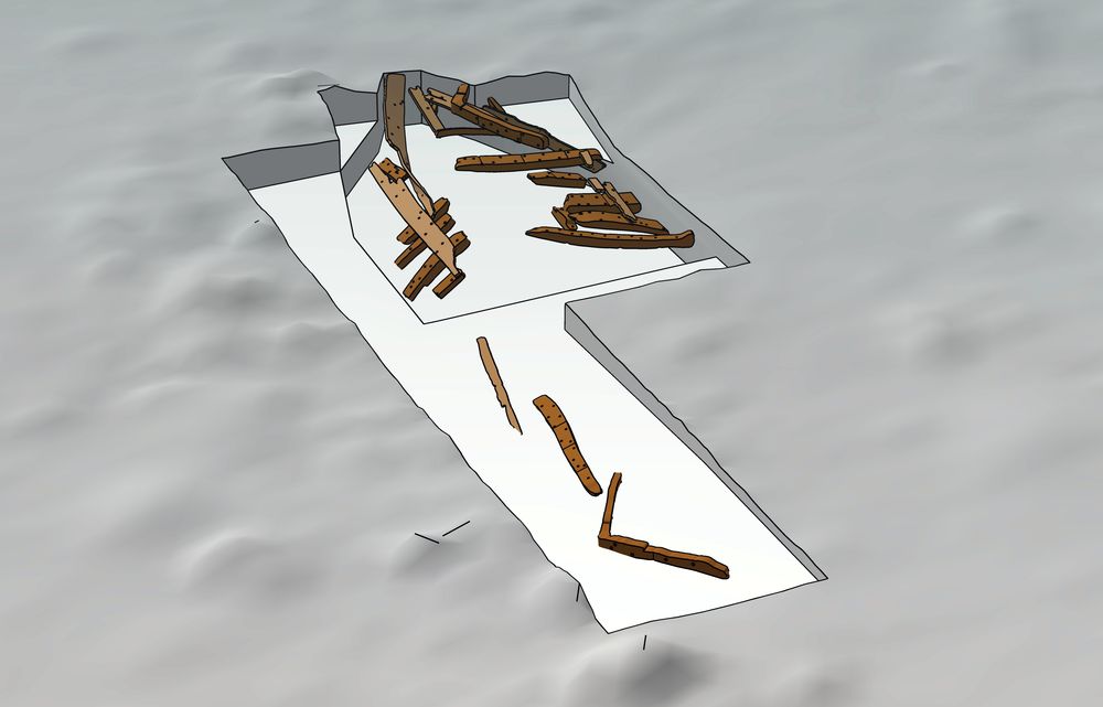 Représentation des relevés archéologiques de l'épave EP3 de Taillebourg. Ses vestiges étaient dispersés sur une surface d’environ 36 m². Infographie P. Moyat.