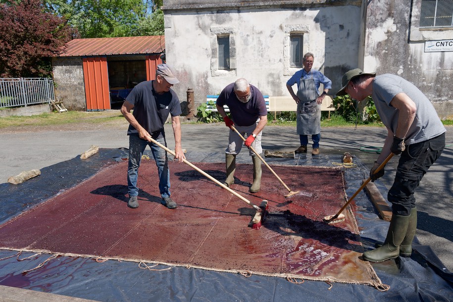 La teinture est ensuite étalée sur les 14 mètres carré de la voile au balai-brosse.  © www.tessier.photos